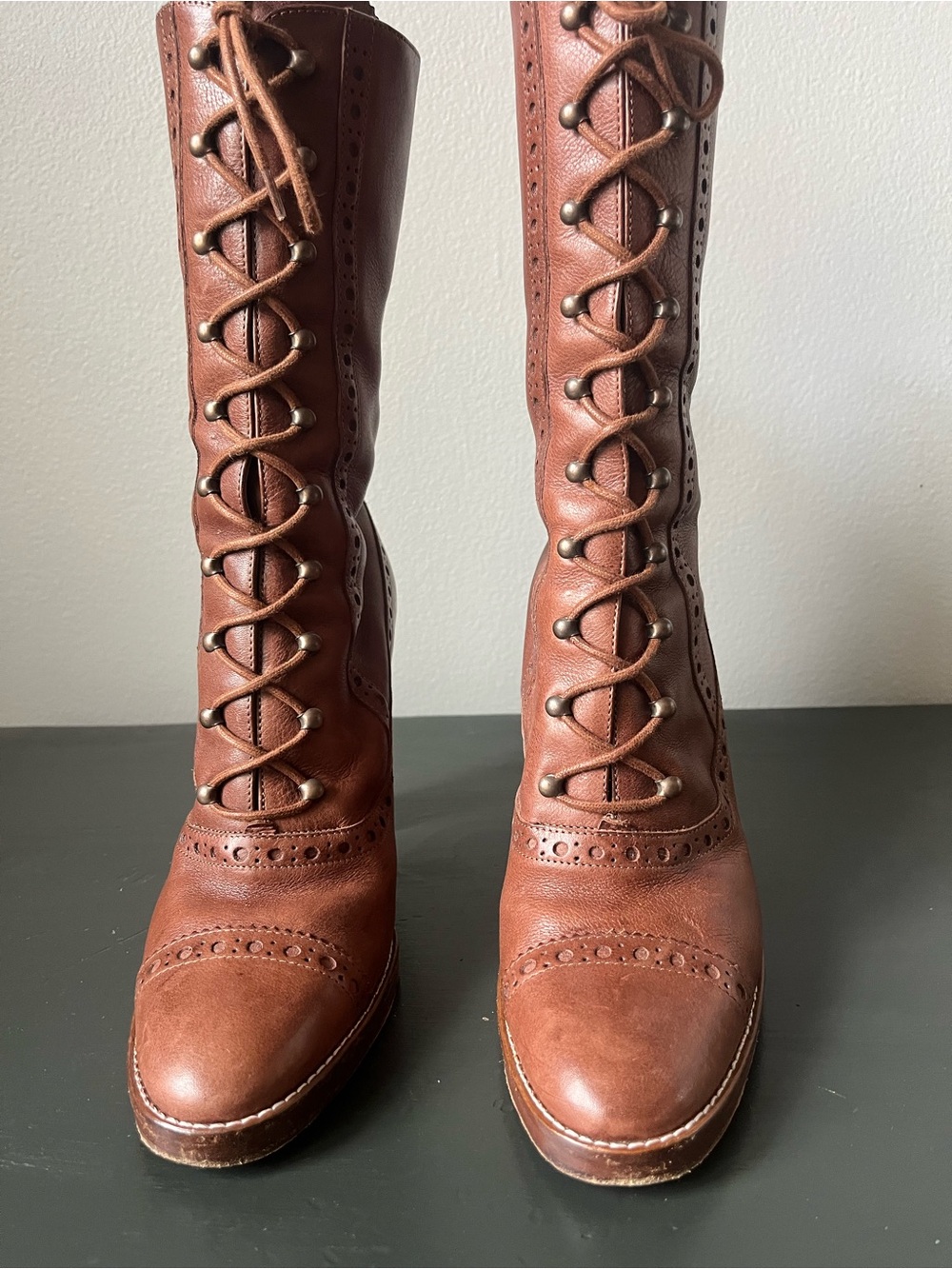 Michael Kors Brown Leather Lace-Up Brogue Heeled Boots – Size 8M